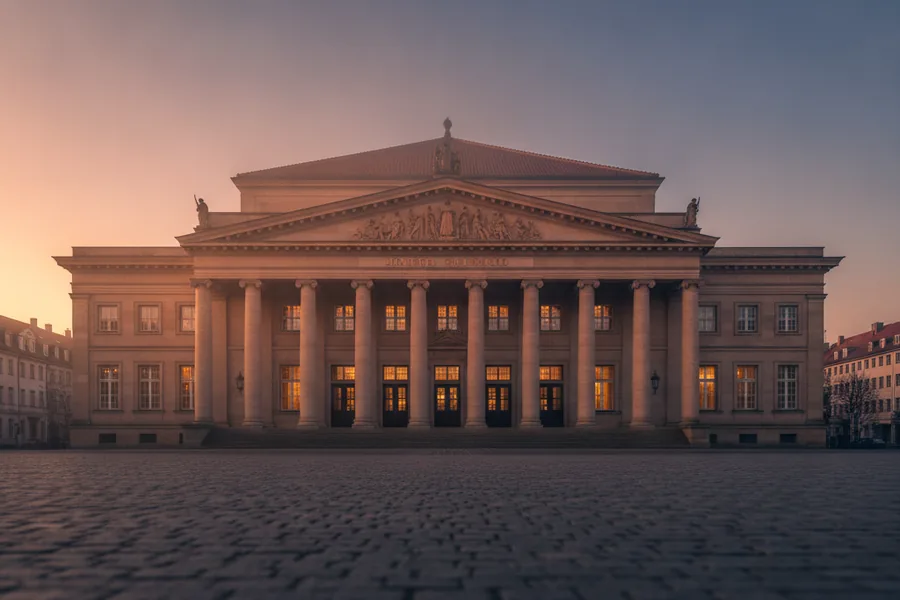 Neoklassizistisches Stadttheater am Abend — sinnbildlich für die Otto-Dix-Kulturstadt Gera